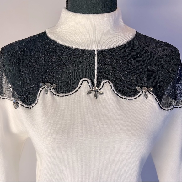 White Sweater Dress Black Lace Rhinestone Details Venus Size M - Picture 5 of 11